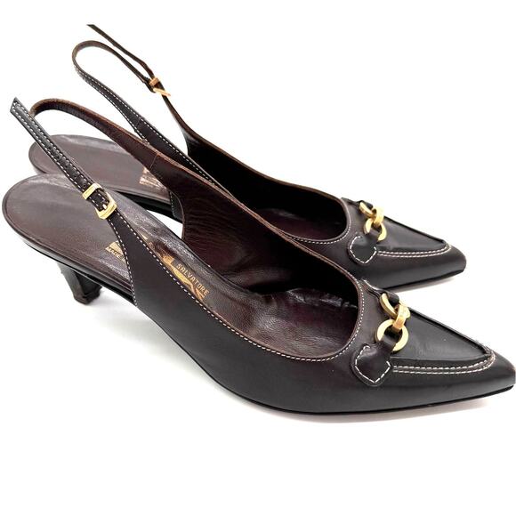 Salvatore Ferragamo Shoes - Salvatore Ferragamo Acribia Slingback Kitten Heels Chocolate Brown Gold 7.5